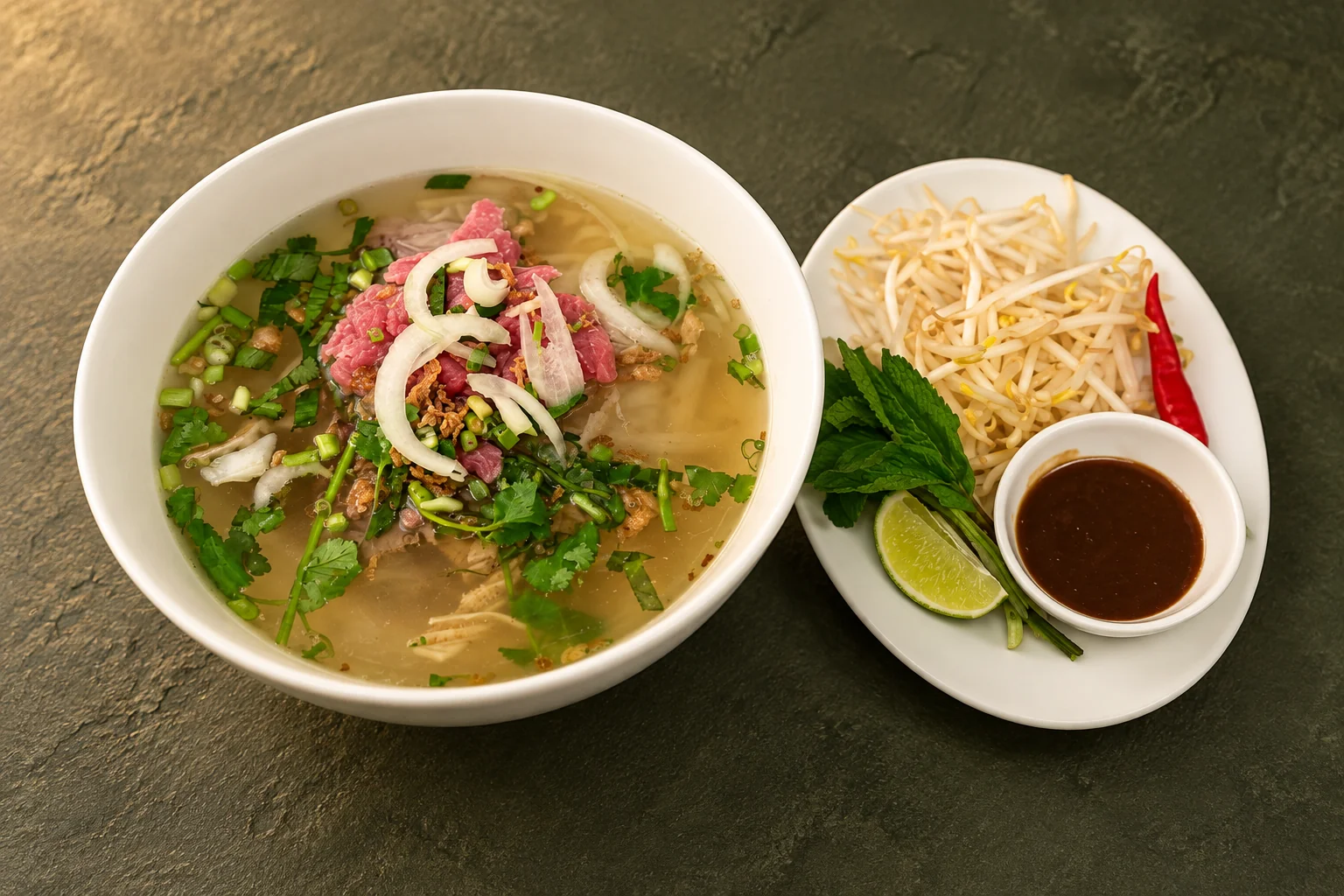 P1. Special Pho in a large white bowl, small side plate and sauce dish, on a dark green background