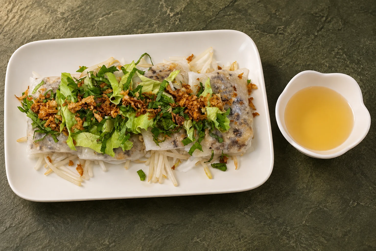 S5. Banh cuon on a white rectangular plate with a sauce dish, on a dark green background