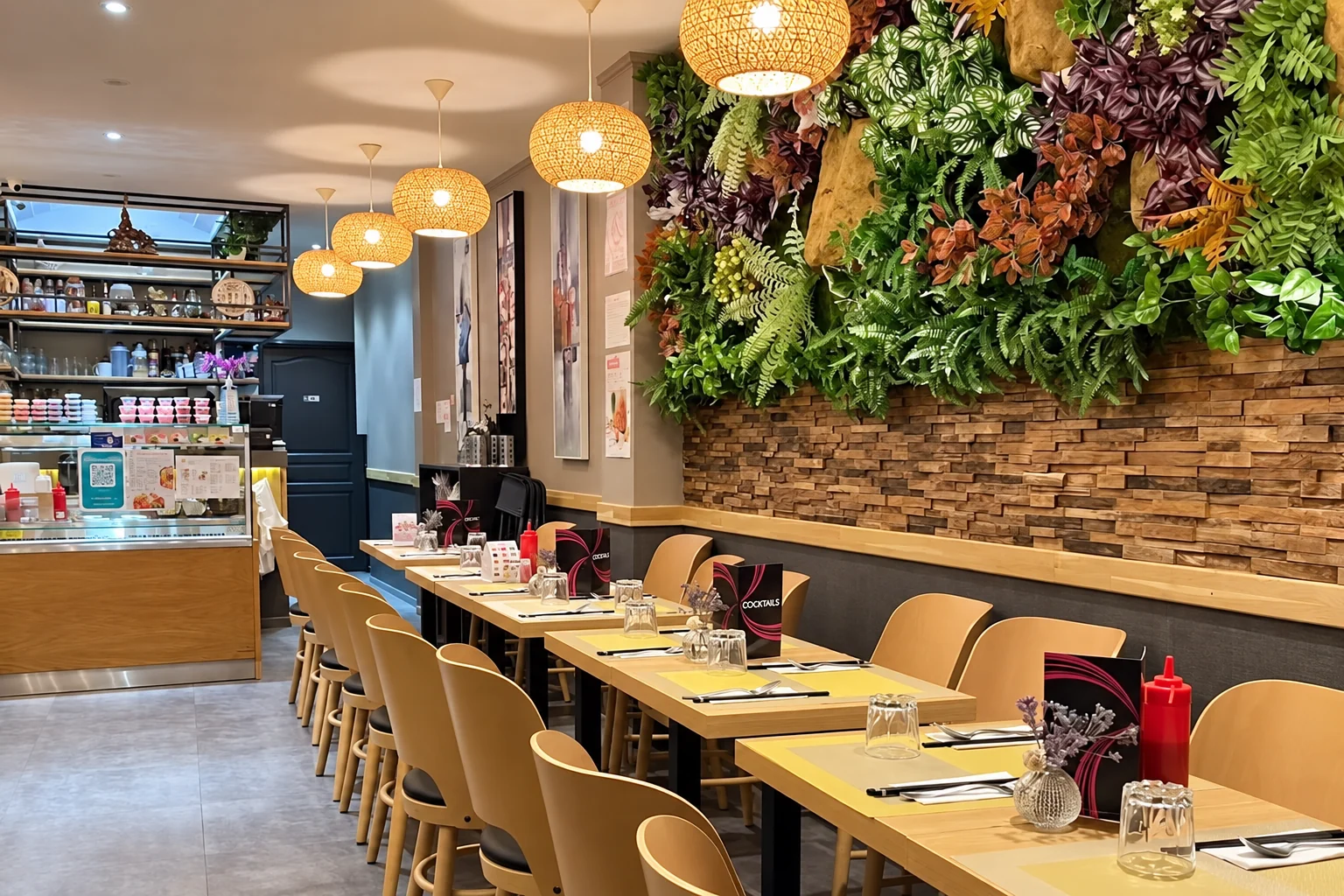 Pho 11 dining room: rattan pendant lights, plant wall, wooden tables and chairs