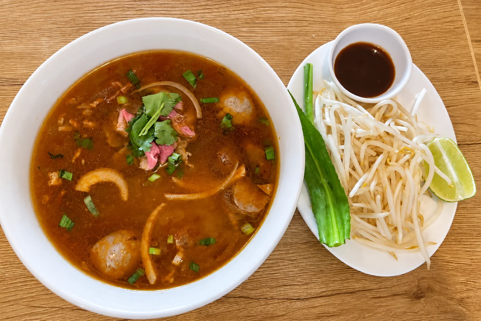 P2. Pho satay in a white bowl, side plate, on a wooden table