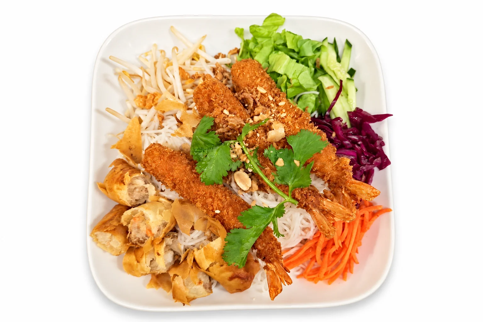 Bobun on a square white plate, white background
